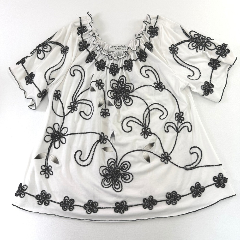 Lauren Michelle Woman 2X White Black Floral Soutache Embroidered Blouse Top
